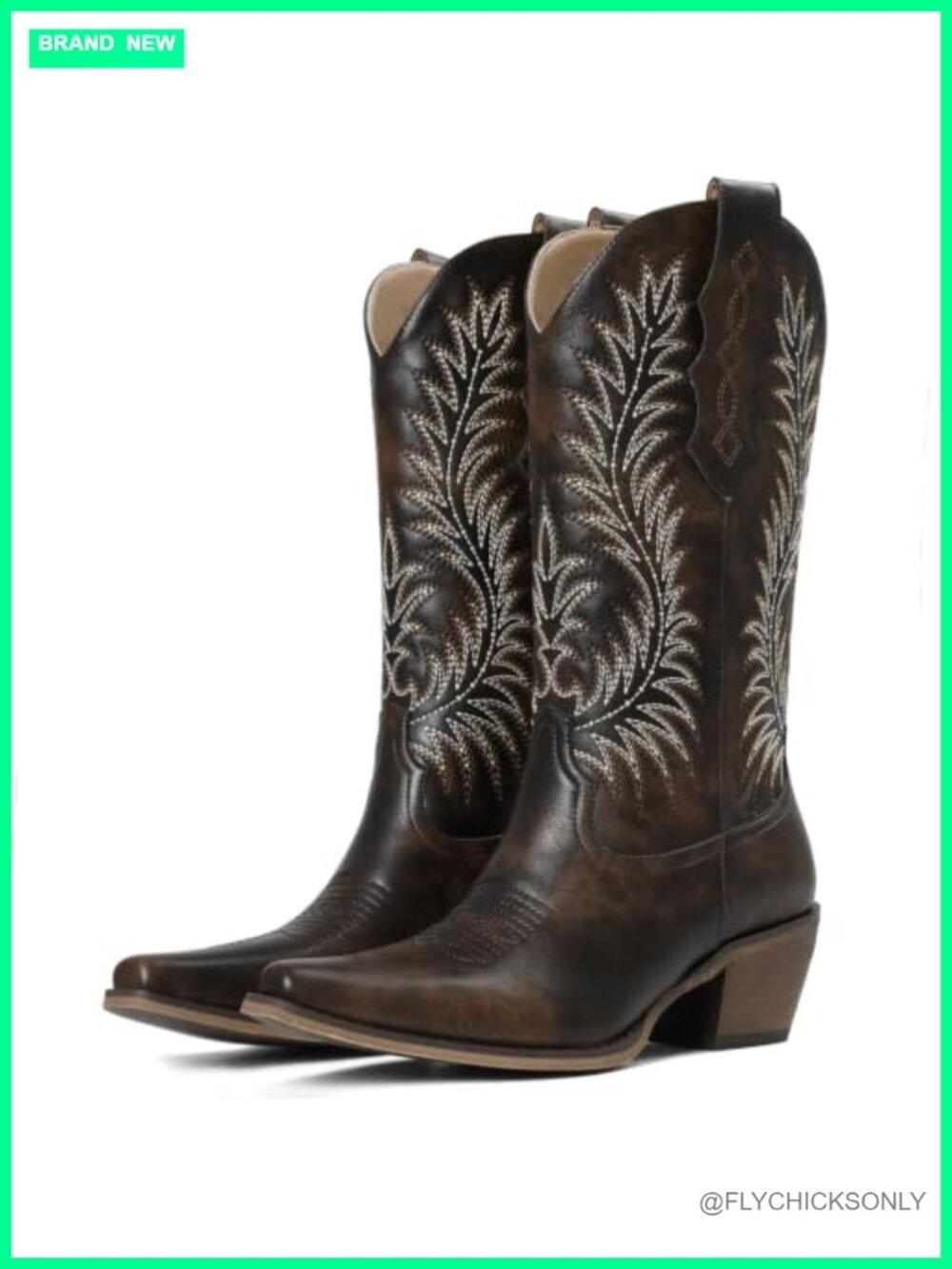 mikarka Cowboy Boots Snip Toe Mid Calf Western Floral Faux Leather Block Heel